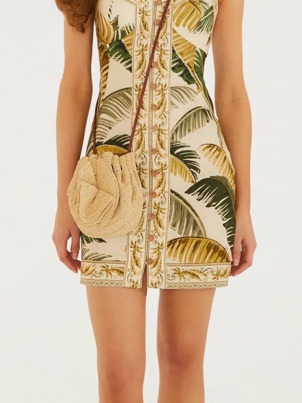 FARM Rio Cream Mini Dress with Green and Yellow Palm Print